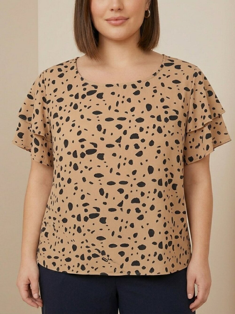 SHEIN Animal Print Flutter Sleeve Top Size L Tan Black Leopard Spot